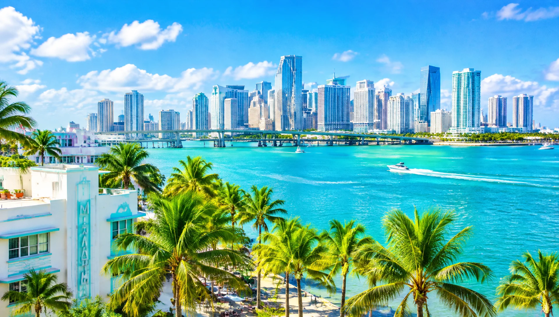 Bright sunny Miami skyline and turquoise Biscayne Bay, host city of the Nu You RECON 2027 Miami real estate conference